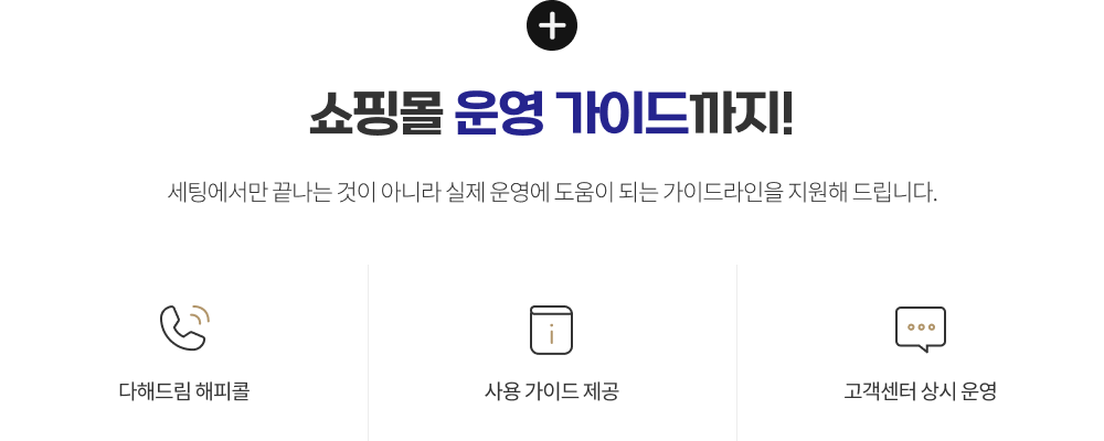 쇼핑몰 운영가이드까지! 세팅에서만 끝나는 것이 아니라 실제 운영에 도움이 되는 가이드라인을 지원해 드립니다.